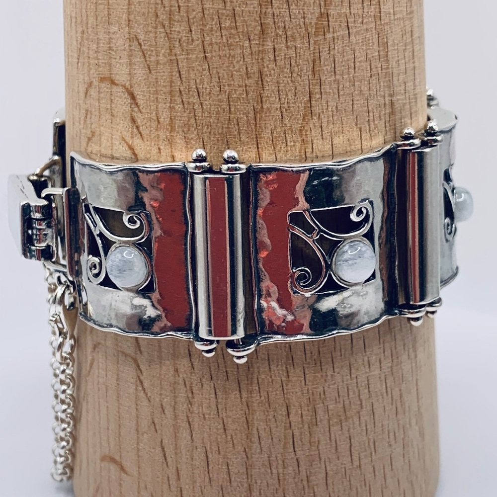 Vintage Sterling Silver Didae Panel Bracelet w/Moonstone Accents & Safety Chain - Picture 5 of 16